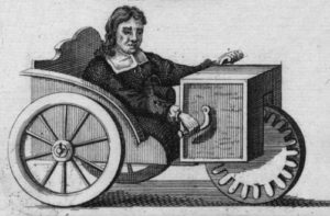 Ilustracja pierwszego samobieżnego wózka inwalidzkiego